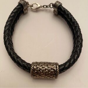 Vintage Black Braided Faux Leather Bracelet with Silver Accents